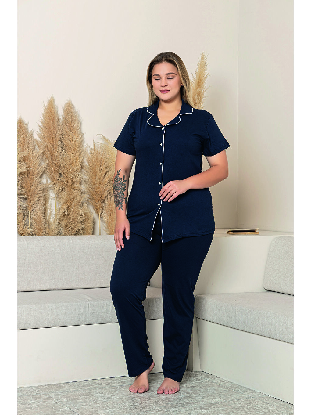 Kadın Lacivert %100 Pamuk Biyeli Yüksek Kaliteli Gömlek Yaka Düğmeli Kısa Kollu Battal Pijama Takımı-1