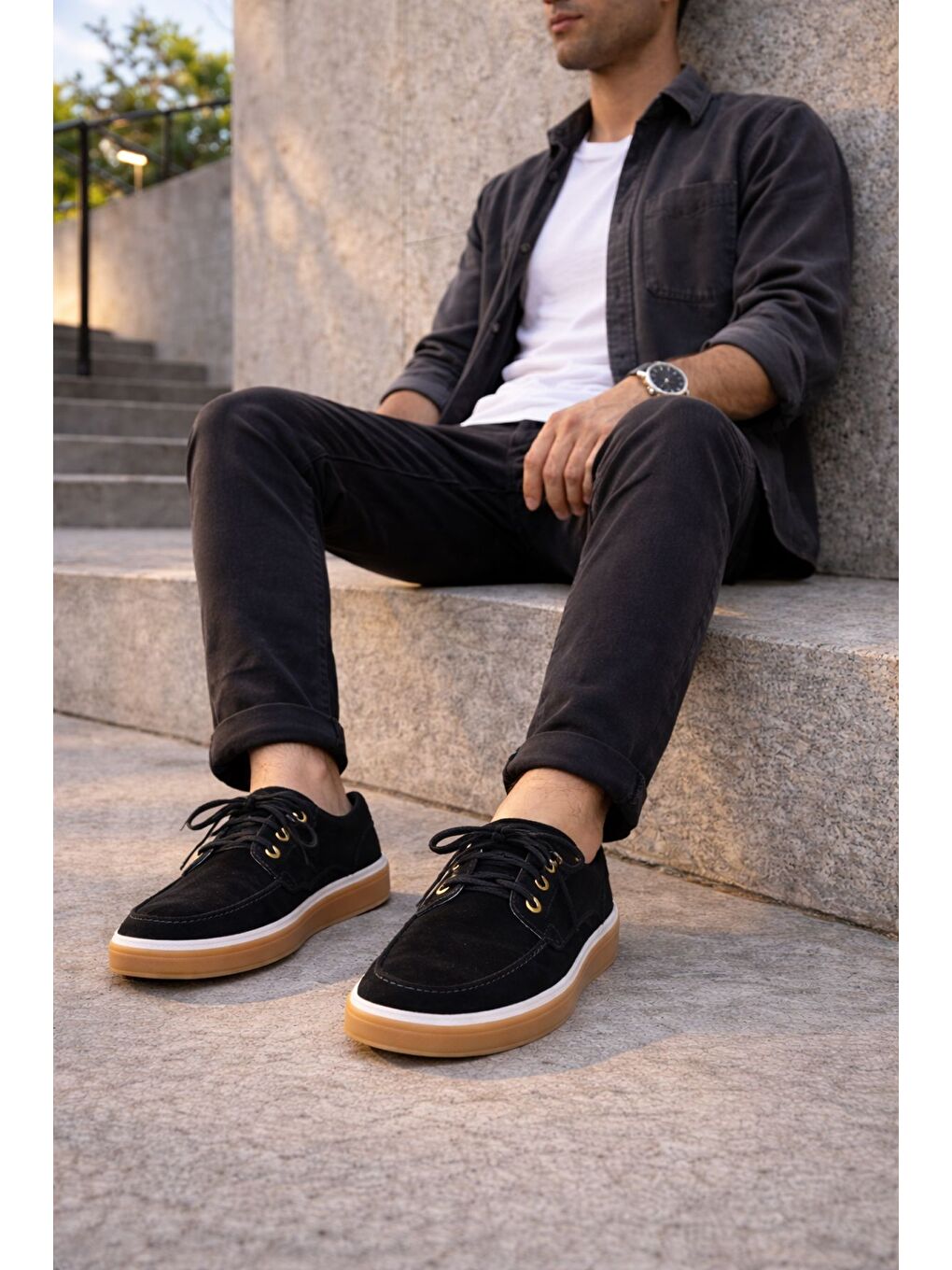 Siyah CRAFT Hakiki Süet Deri Bağcıklı Erkek Günlük Loafer Ayakkabı-5