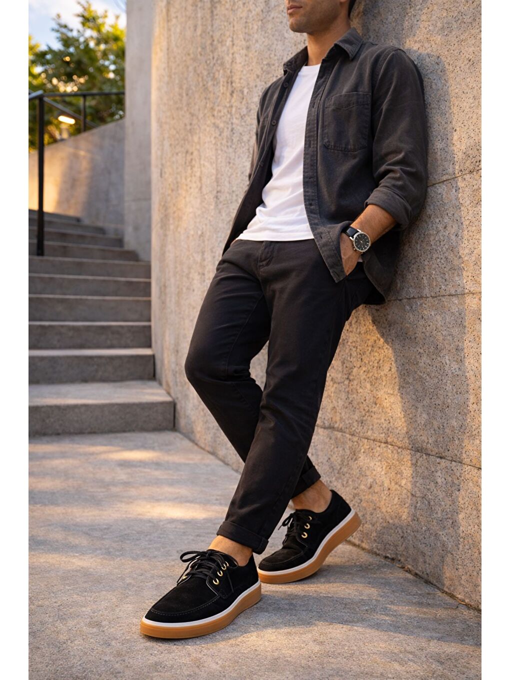 Siyah CRAFT Hakiki Süet Deri Bağcıklı Erkek Günlük Loafer Ayakkabı-6