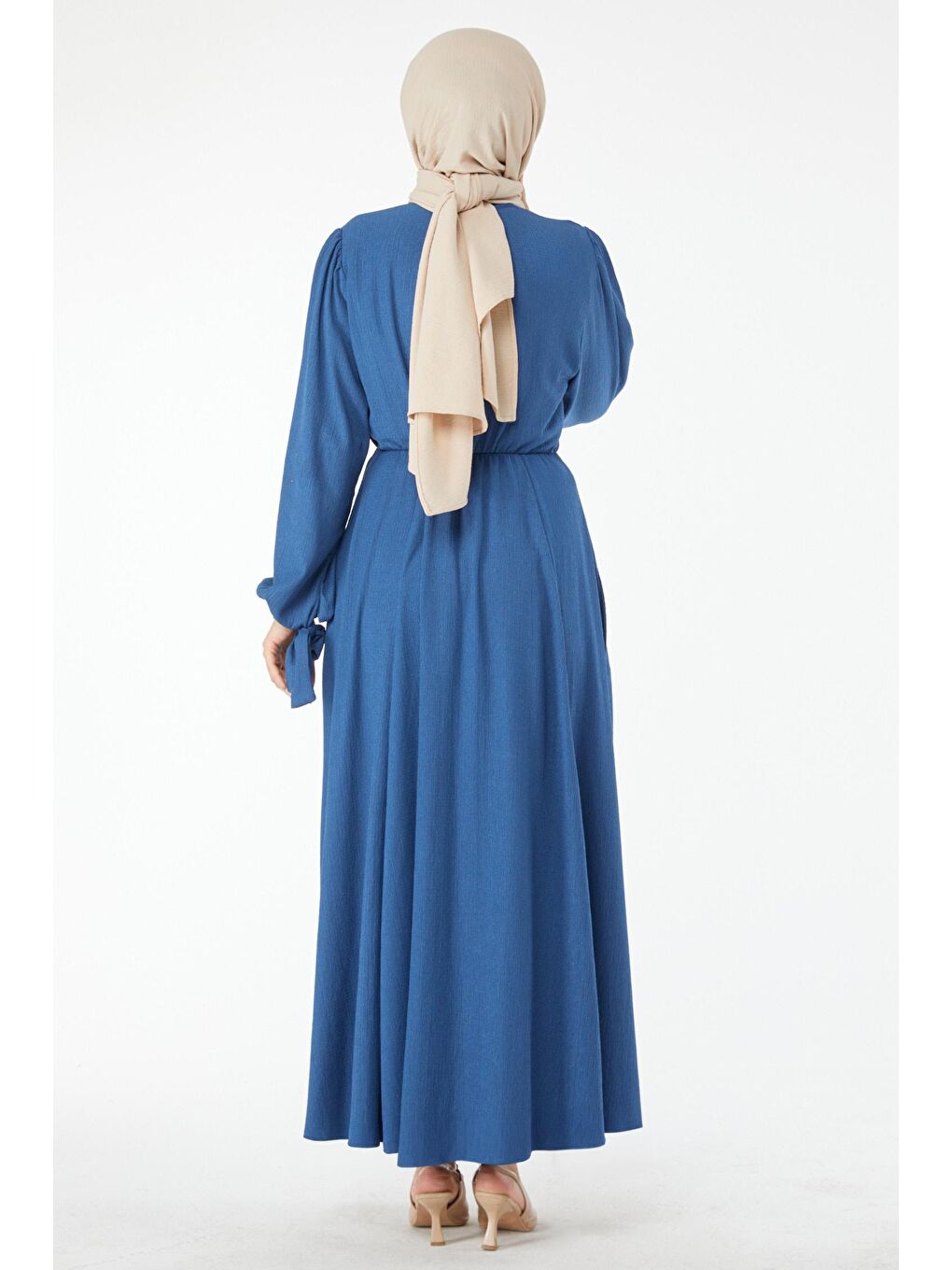 Bisiklet Yaka Kadın Mavi Beli Lastikli Kolu Bağcık Detaylı Elbise - 24460-6