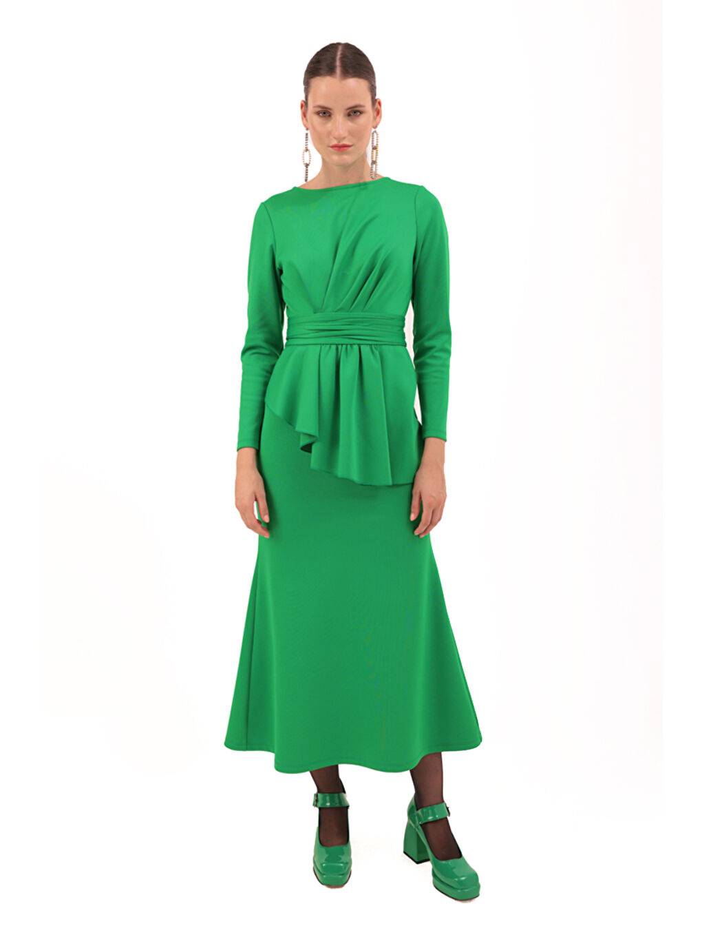 Yeşil Önü Detaylı Örme Elbise-1