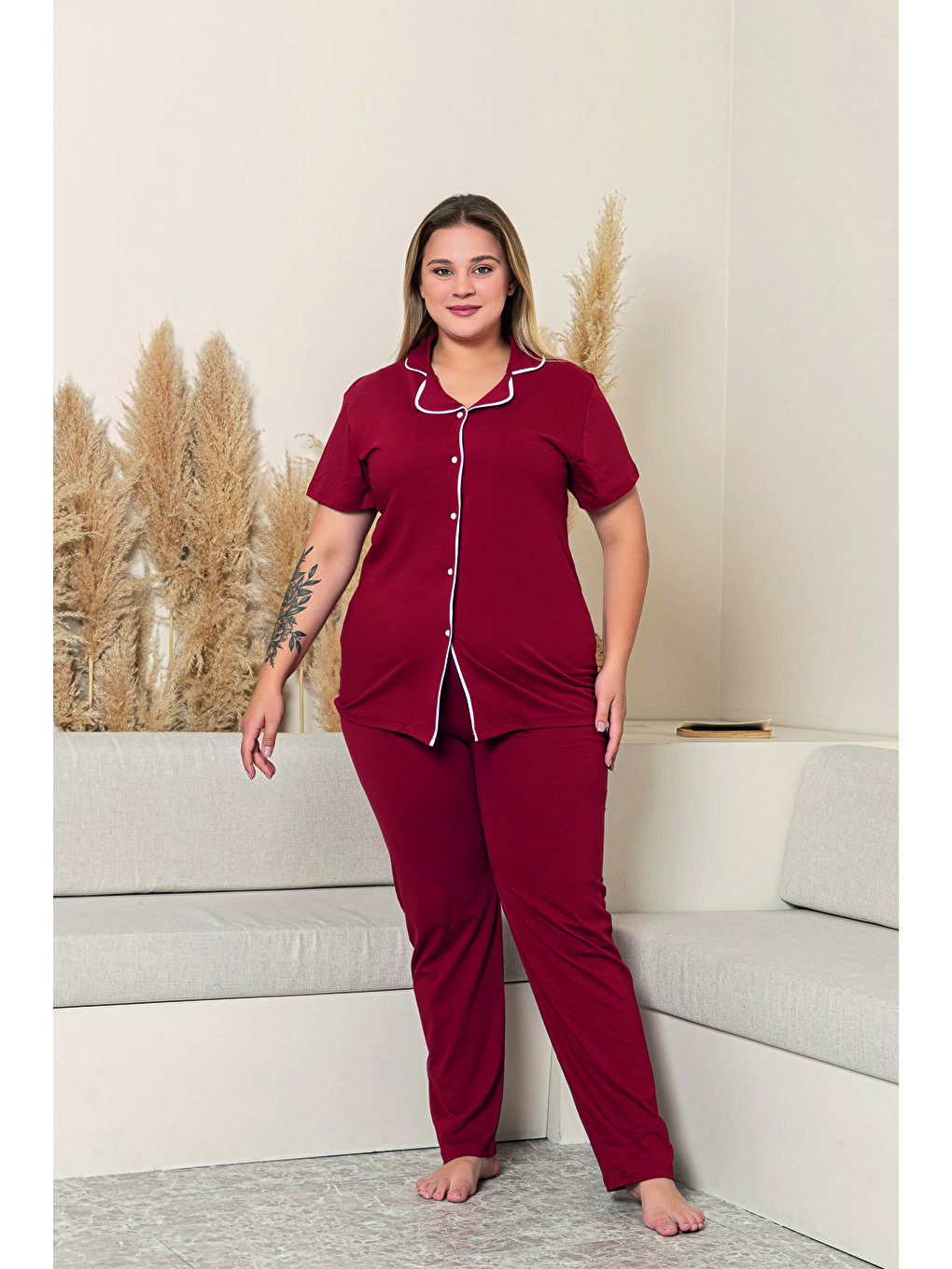 Kadın Bordo %100 Pamuk Biyeli Yüksek Kaliteli Gömlek Yaka Düğmeli Kısa Kollu Battal Pijama Takımı