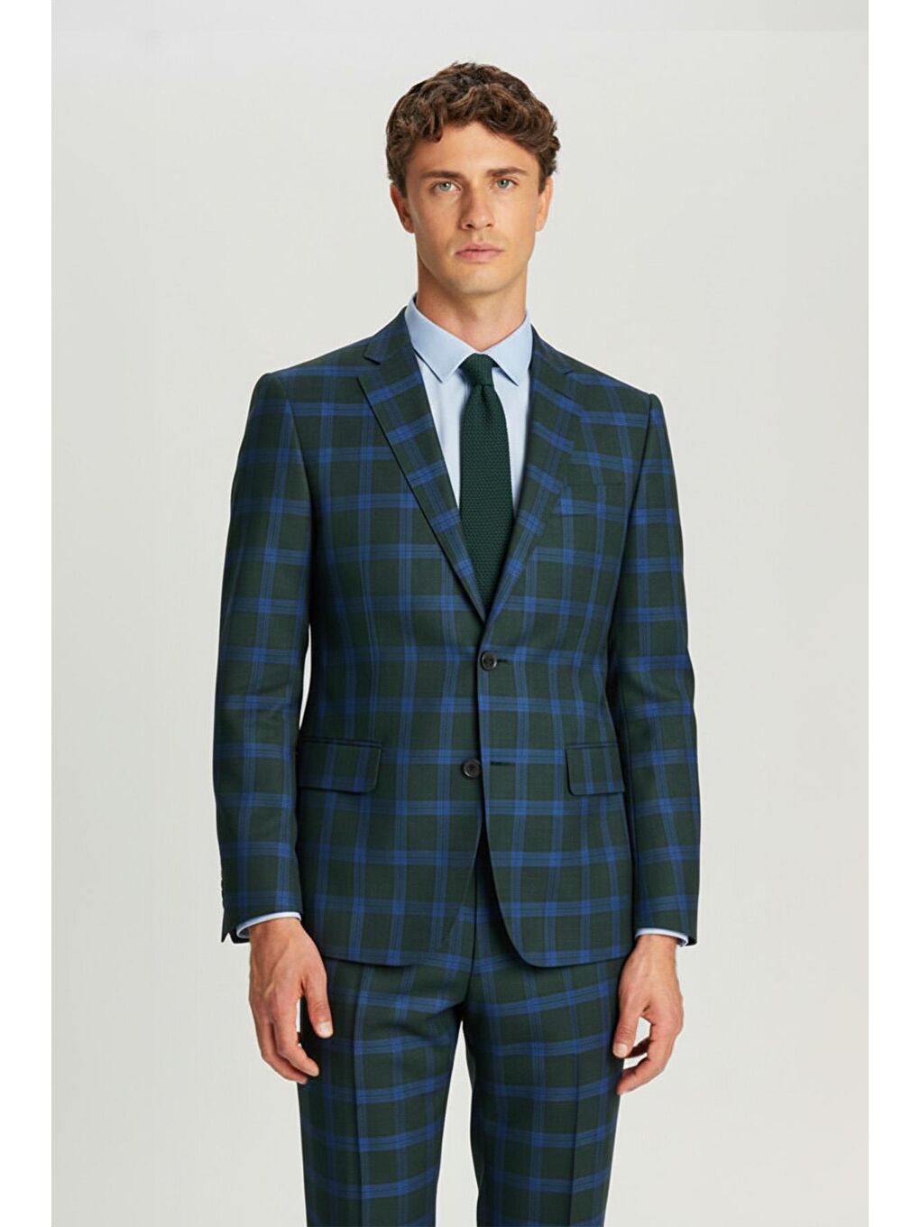 Giotelli Yeşil Slim Fit Mono Yaka Ekose Desenli Yelekli Takım Elbise