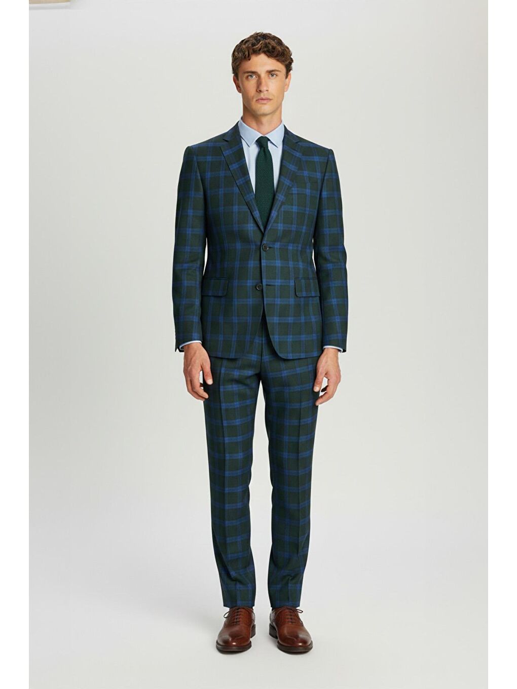 Giotelli Yeşil Slim Fit Mono Yaka Ekose Desenli Yelekli Takım Elbise-1