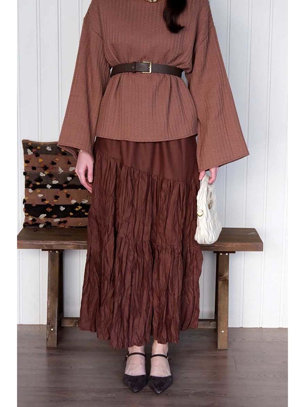 Kahverengi Acı Kahve Kat Kat Kraşlı Etek-4