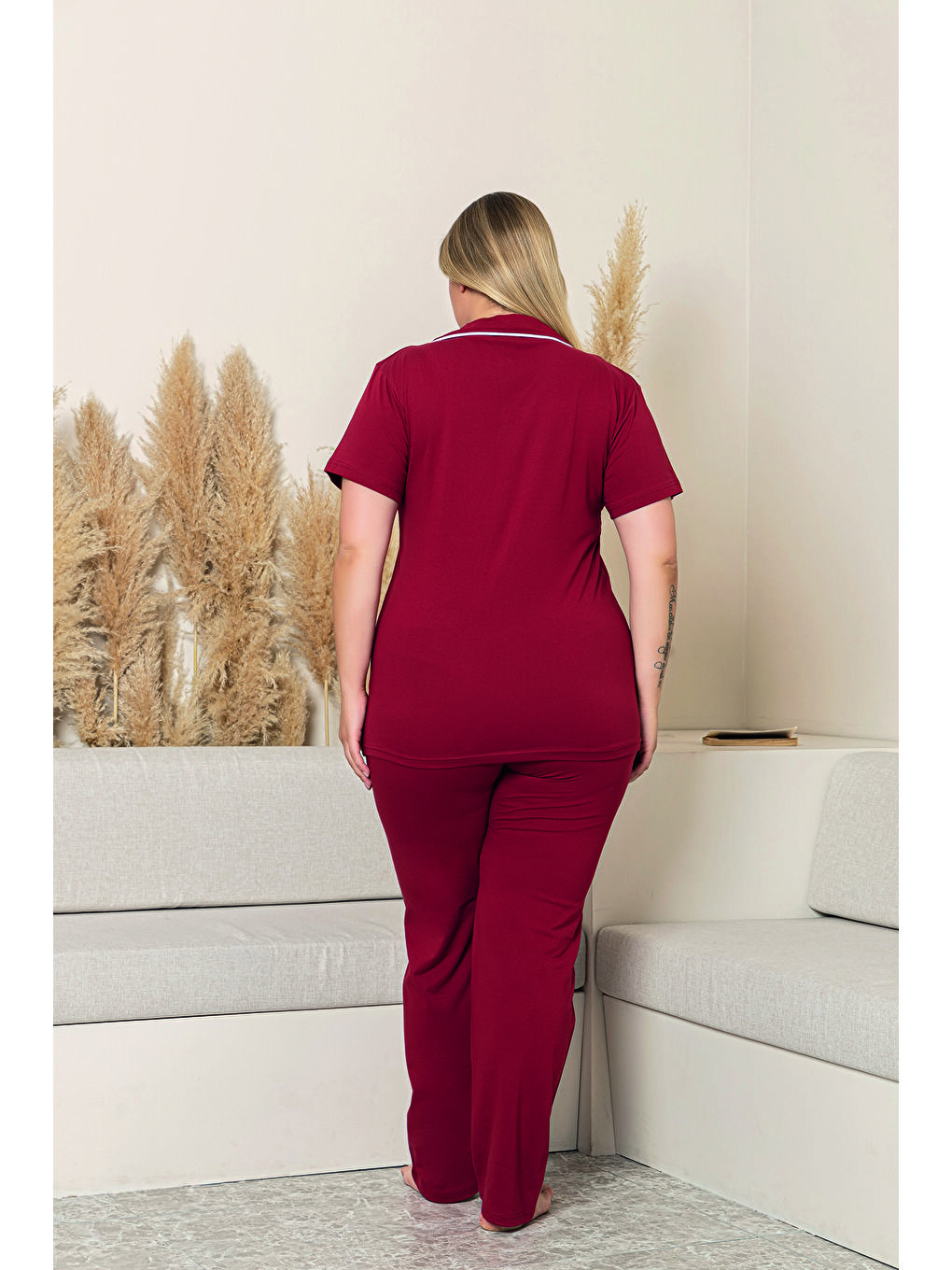 Kadın Bordo %100 Pamuk Biyeli Yüksek Kaliteli Gömlek Yaka Düğmeli Kısa Kollu Battal Pijama Takımı-2