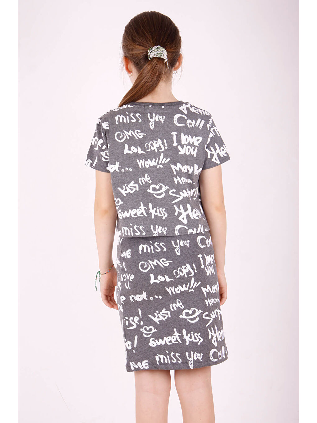 Antrasit Kız Çocuk Komple Yazı Baskılı Etekli Takım-2