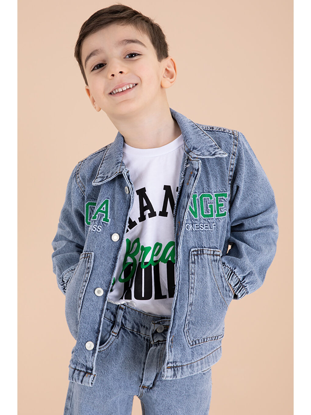 Mavi Yazı Nakışlı Ceketli 3lü Erkek Çocuk Jean Takım 20000-2