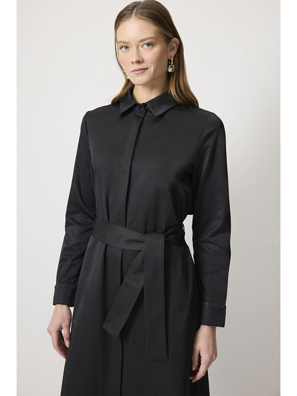 Siyah Kuşaklı Gömlek Elbise-2