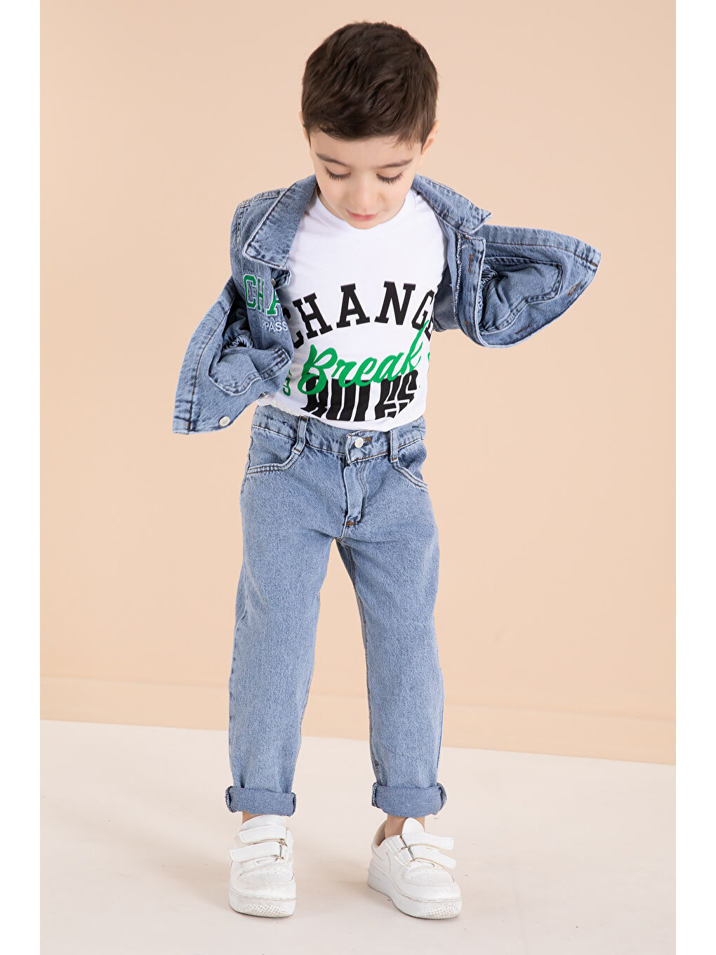 Mavi Yazı Nakışlı Ceketli 3lü Erkek Çocuk Jean Takım 20000-3