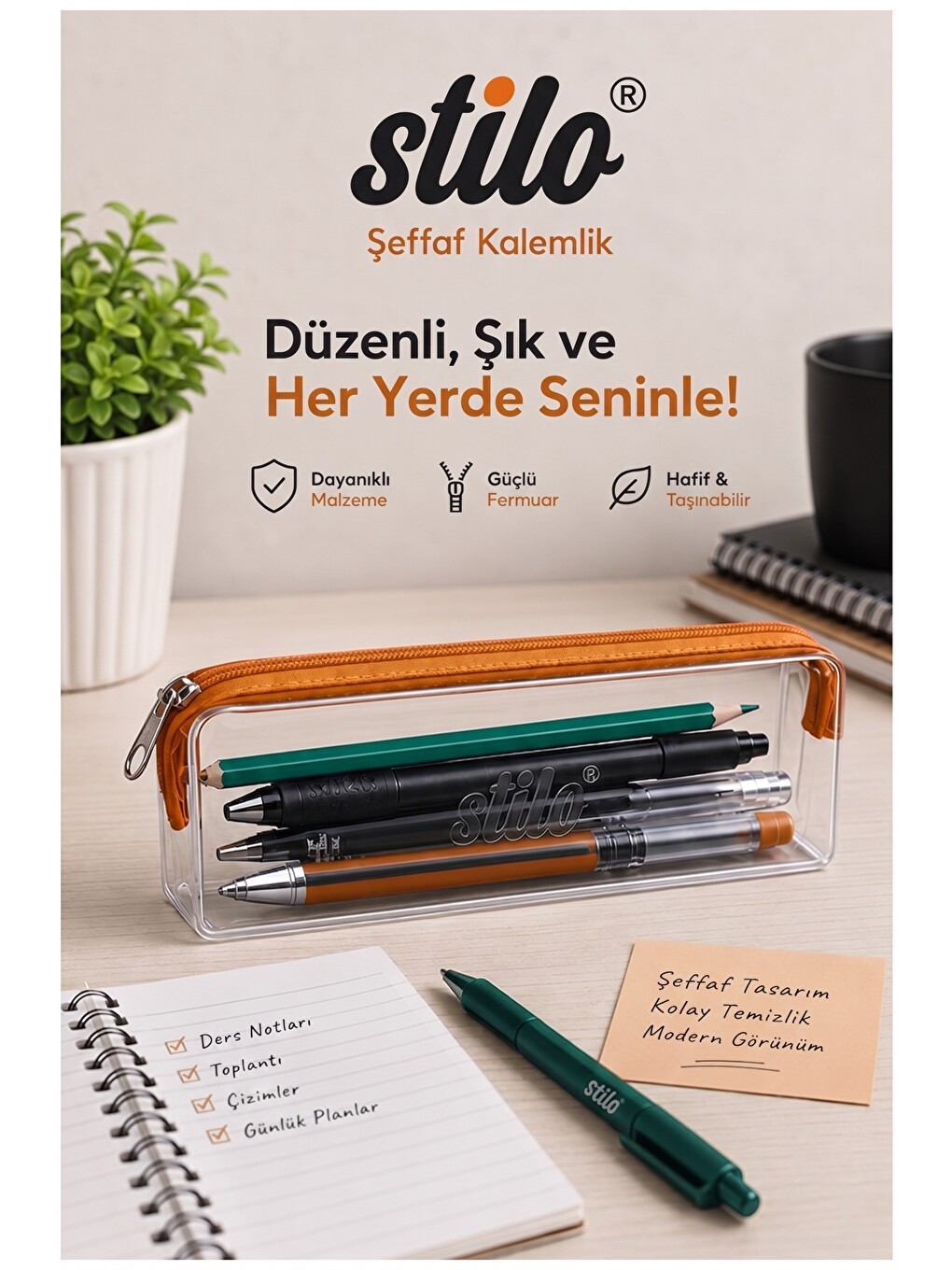 Şeffaf Kalemlik Turuncu Fermuarlı 1 Adet Stilo 1129 Tek Bölmeli Fermuarlı Plastik Çocuk Okul Kalem M