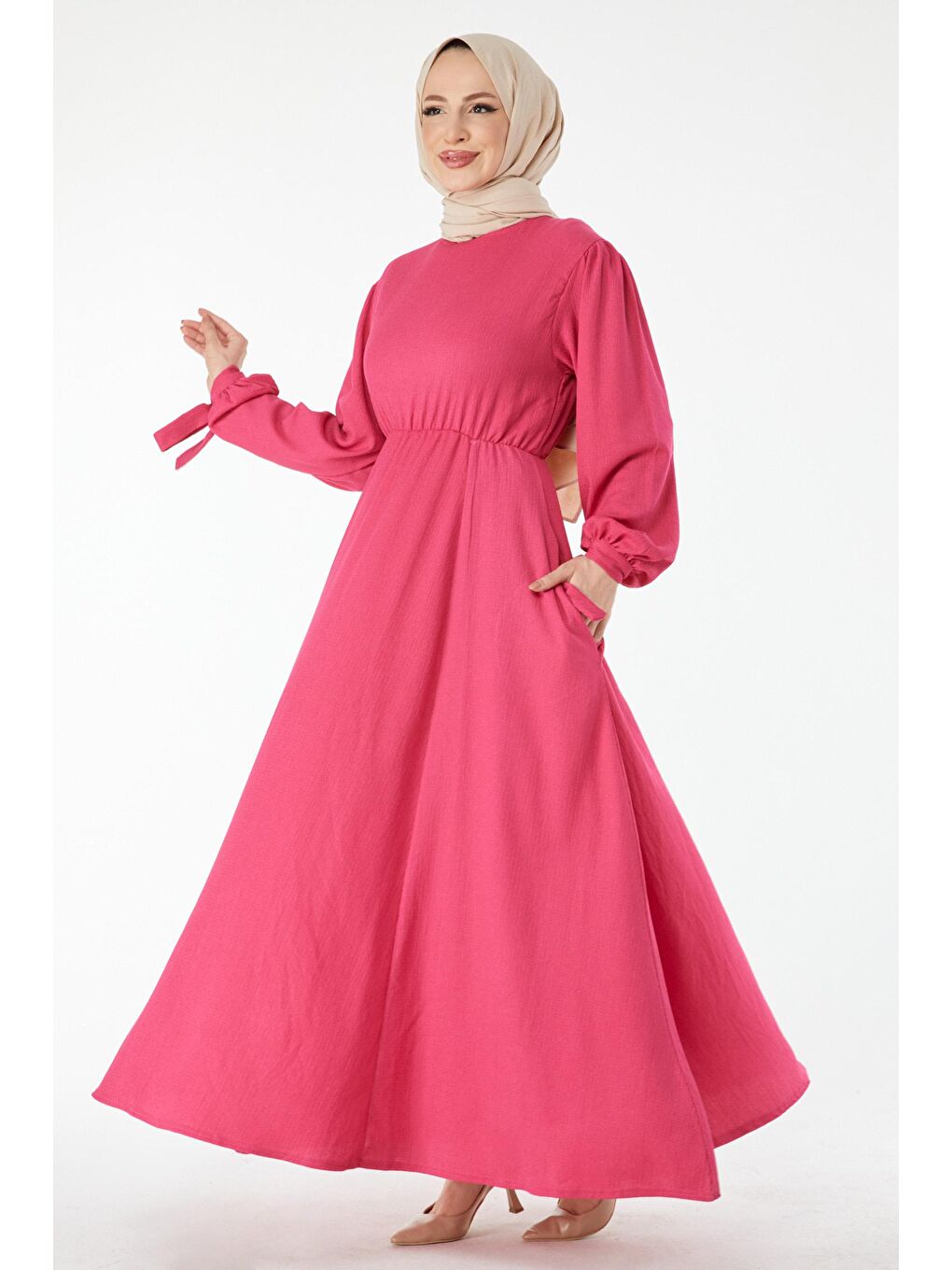 Bisiklet Yaka Kadın Fuşya Beli Lastikli Kolu Bağcık Detaylı Elbise - 24460