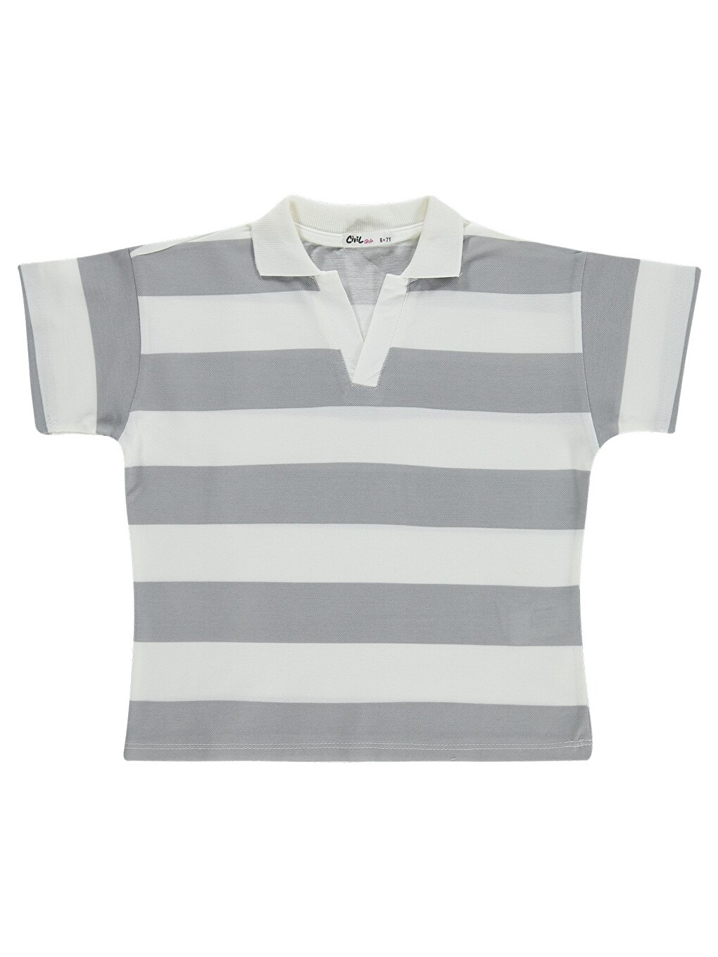 Girls Çizgili Polo Yaka 6-9 Yaş Tişört - Gri