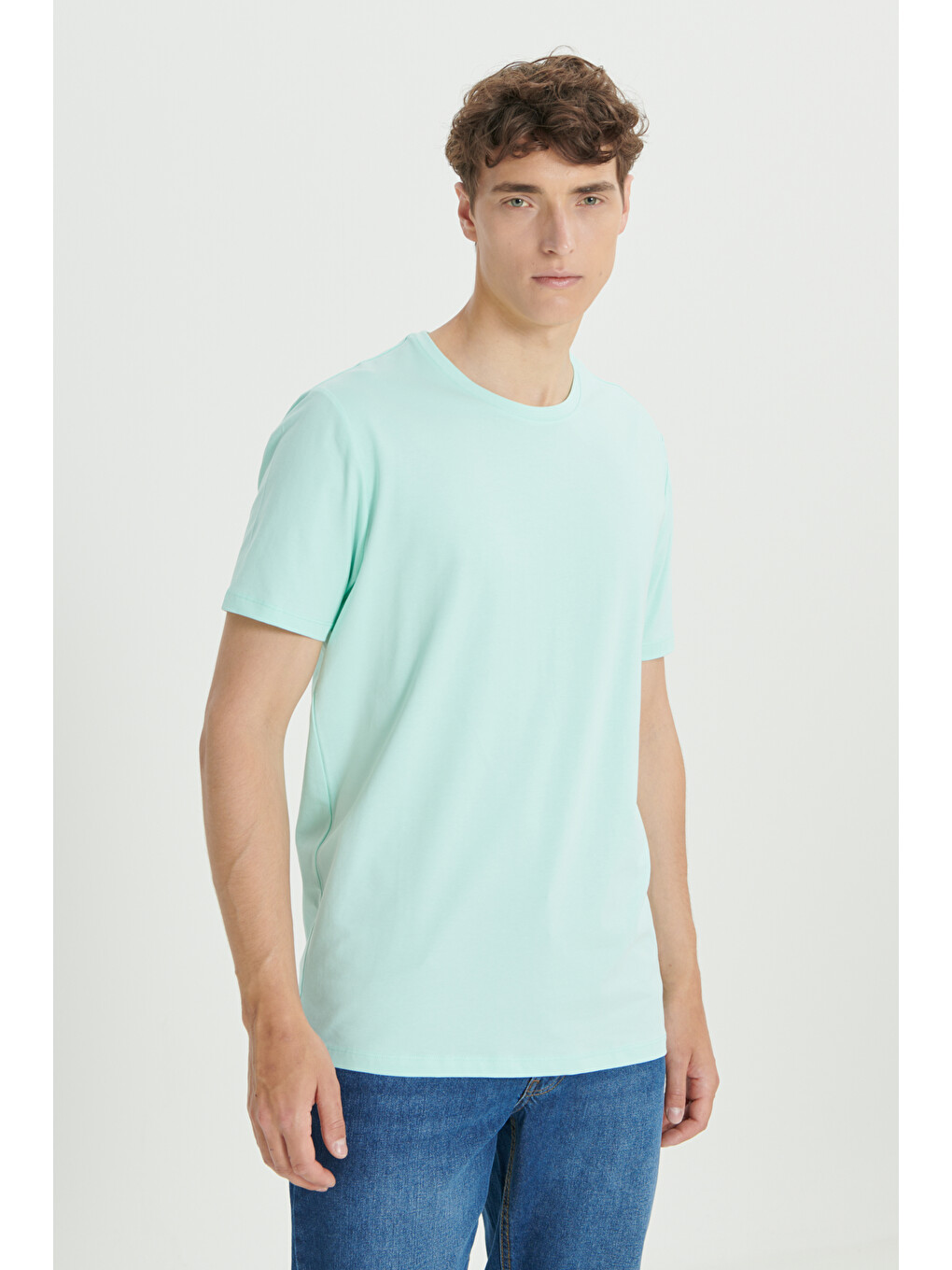 Yeşil Erkek Mint 360 Derece Her Yöne Esneyen Slim Fit Bisiklet Yaka Tişört-3