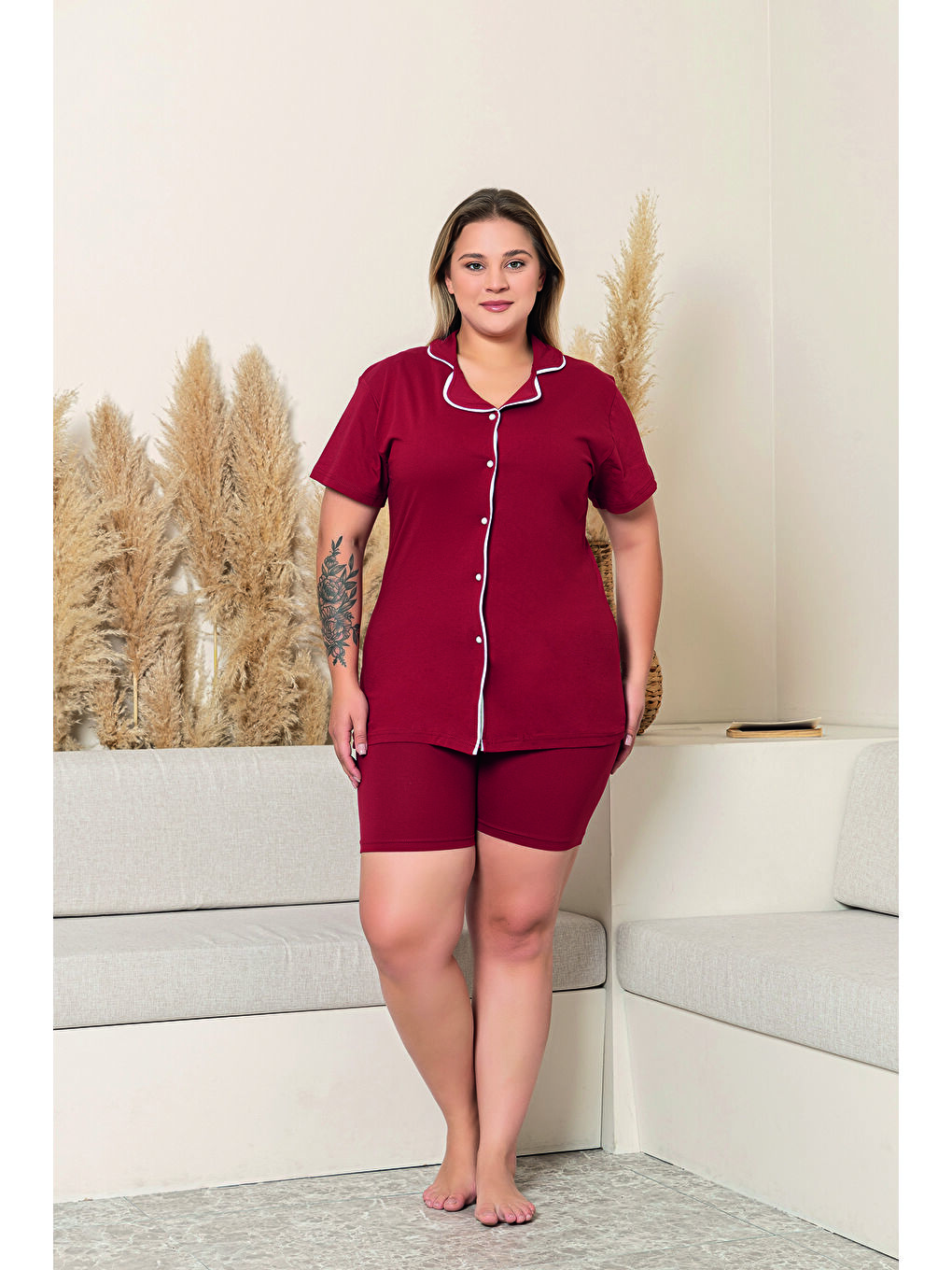 Kadın Bordo %100 Pamuk Biyeli Yüksek Kaliteli Gömlek Yaka Düğmeli Kısa Kollu Şortlu Pijama Takımı