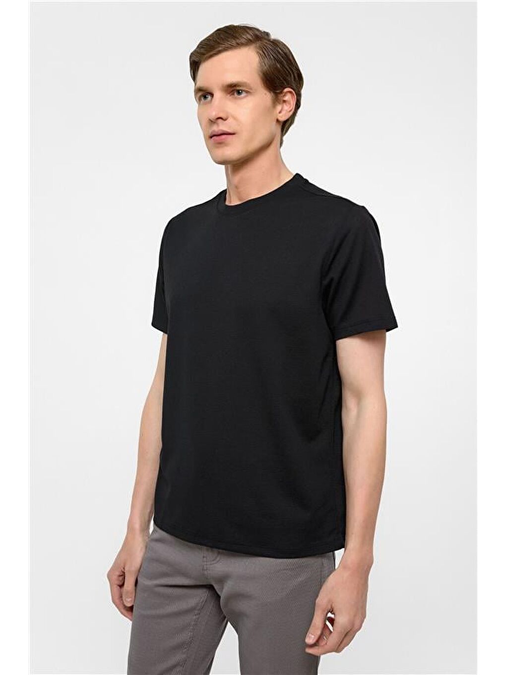 Siyah Regular Armürlü Bisiklet Yaka Tişört-2