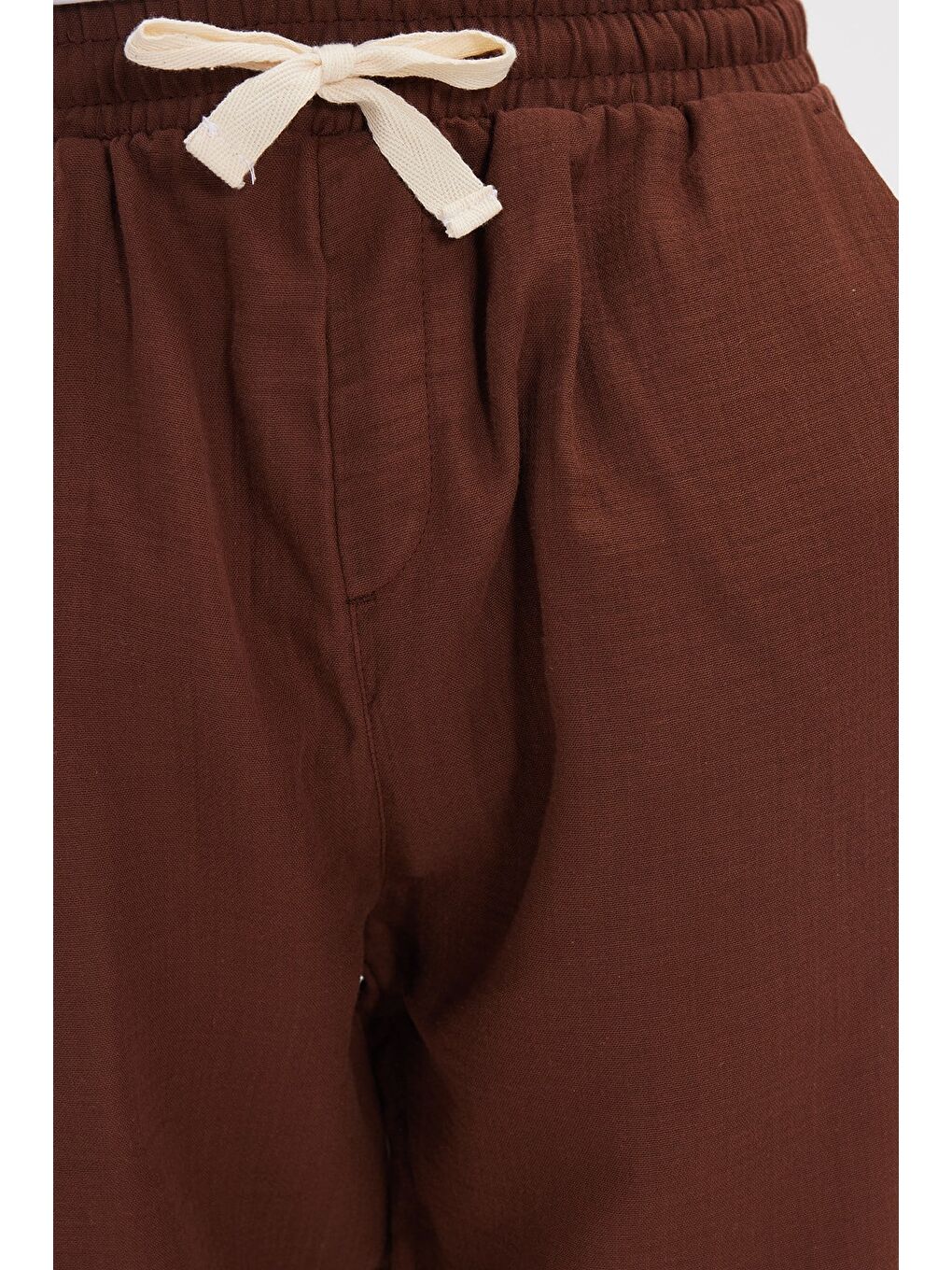 Erkek Baggy Fit Geniş Kesim %100 Pamuk Beli Lastikli Yandan Cepli Müslin Kahverengi Düz Pantolon-5