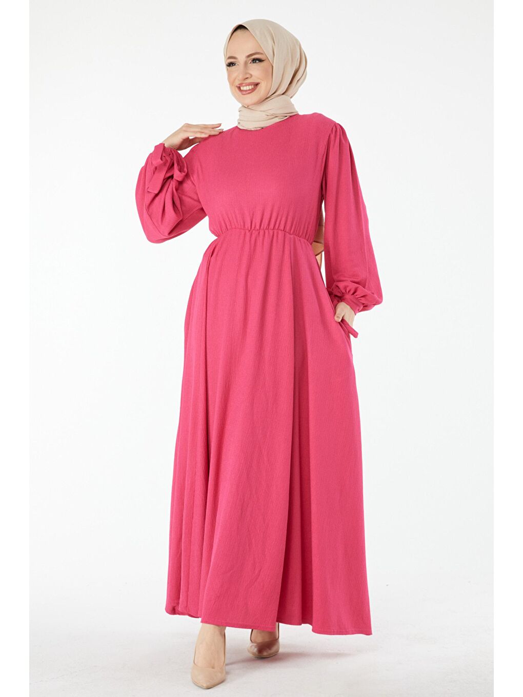 Bisiklet Yaka Kadın Fuşya Beli Lastikli Kolu Bağcık Detaylı Elbise - 24460-1