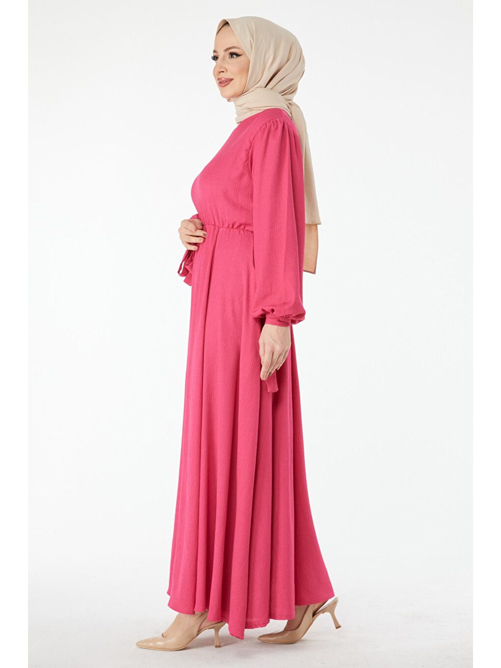 Bisiklet Yaka Kadın Fuşya Beli Lastikli Kolu Bağcık Detaylı Elbise - 24460-2