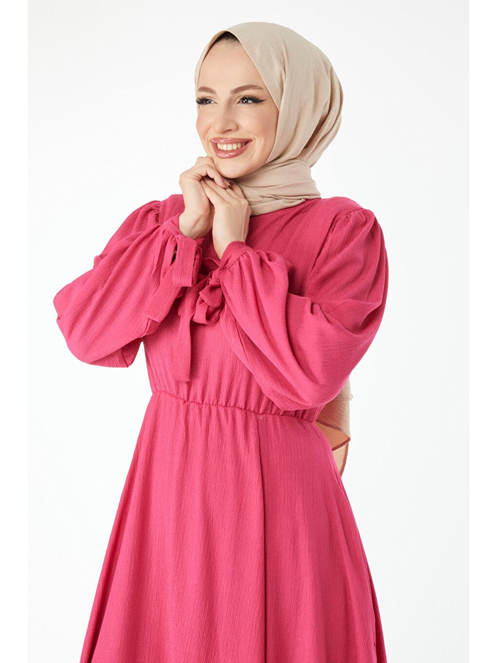 Bisiklet Yaka Kadın Fuşya Beli Lastikli Kolu Bağcık Detaylı Elbise - 24460-3