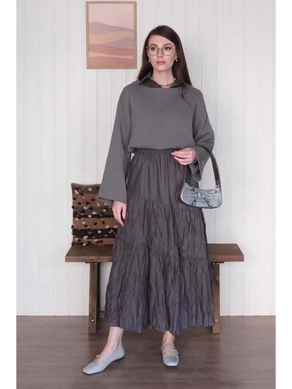 Antrasit Kat Kat Kraşlı Etek-1