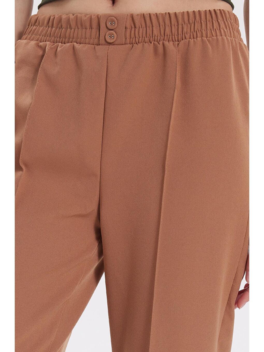 Kadın Relax Fit Rahat Kesim Yüksel Bel Düz Paça Beli Lastikli Bej Pantolon-4