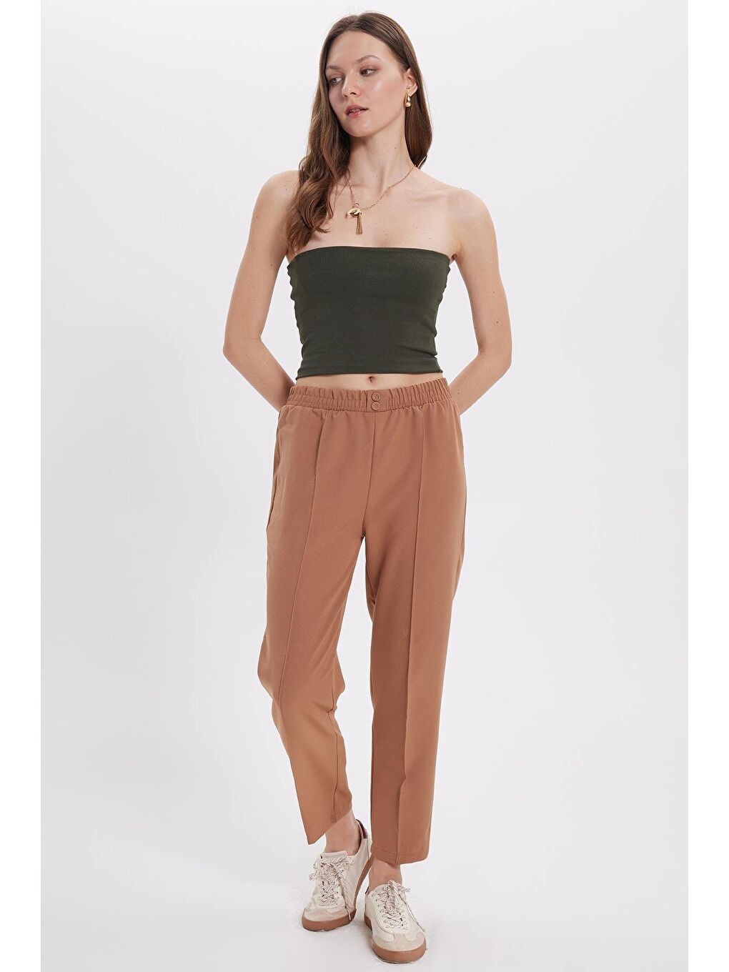 Kadın Relax Fit Rahat Kesim Yüksel Bel Düz Paça Beli Lastikli Bej Pantolon-5