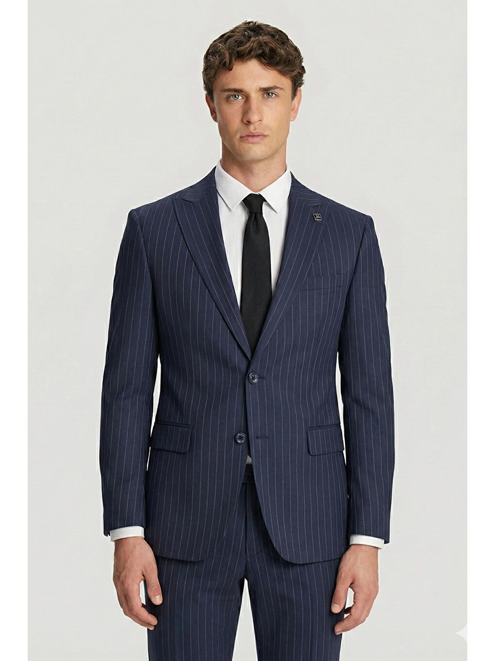 Lacivert Slim Fit Sivri Yaka Çizgili Takım Elbise