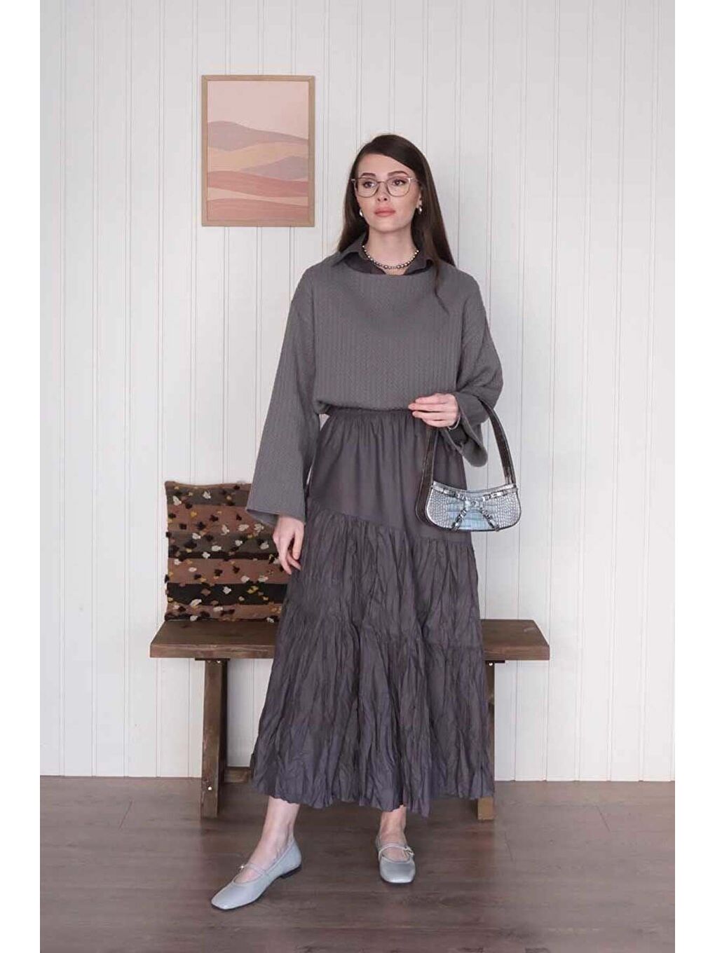Antrasit Kat Kat Kraşlı Etek-5
