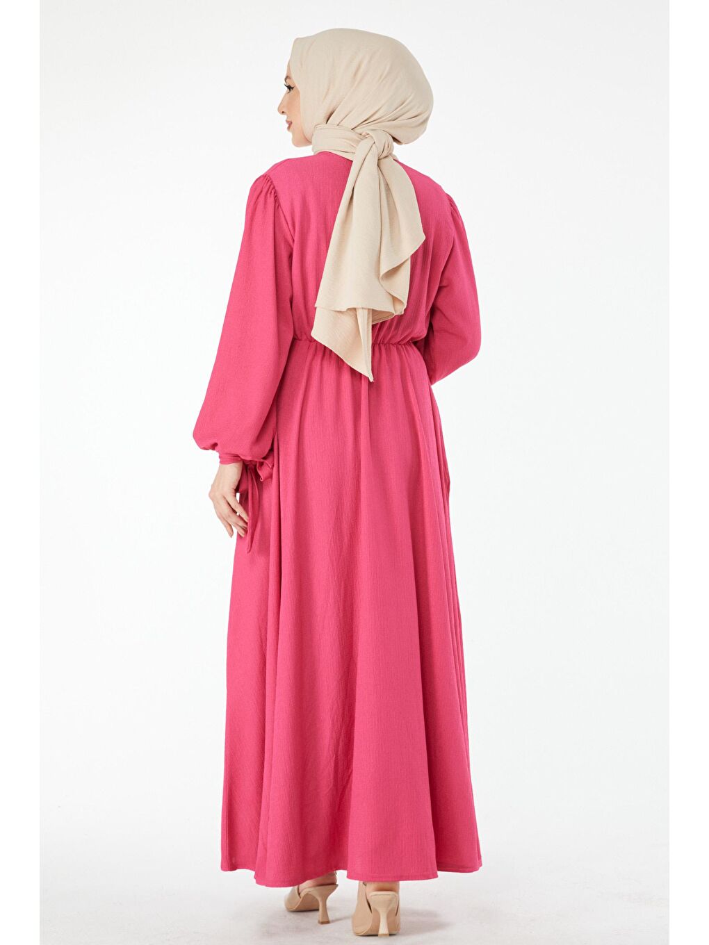 Bisiklet Yaka Kadın Fuşya Beli Lastikli Kolu Bağcık Detaylı Elbise - 24460-4