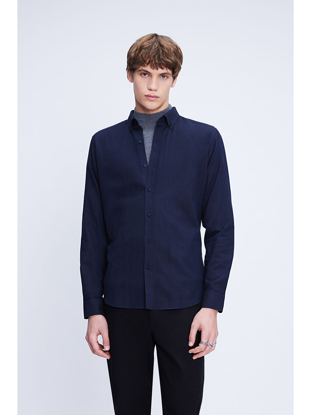 Lacivert Slim Fit Uzun Kol Düğmeli Yaka Flanel %100 Pamuk Gömlek