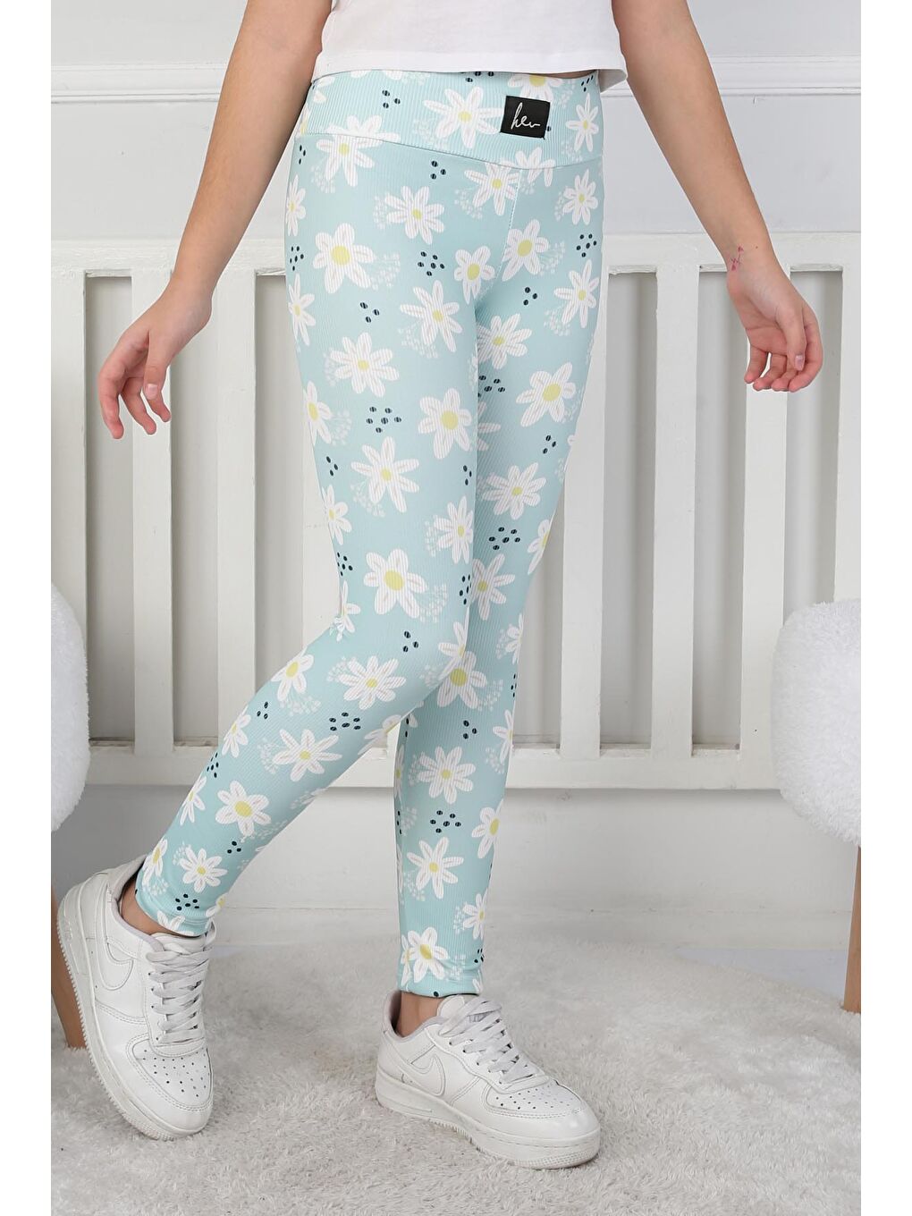 Yeşil Kız Çocuk Mint Çiçekli Kız Çocuk Tayt - 26716-2