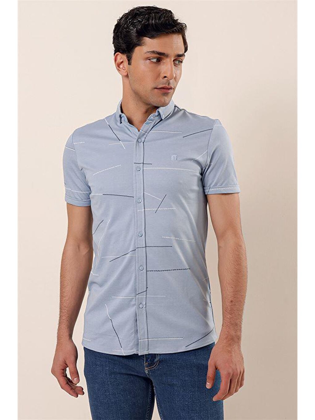 Buz Mavi Kısa Kollu Örme Düğmeli Yaka Cepsiz Pamuklu Casual Slim Fit Dar Kesim Gömlek 1004230202