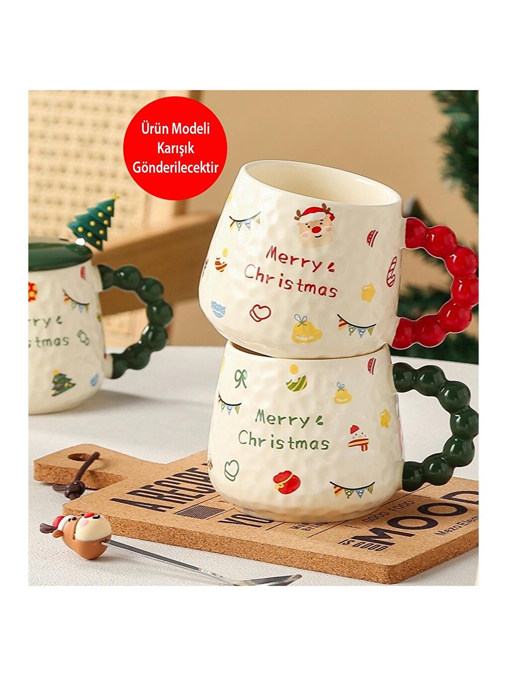 Karışık Yılbaşı Desenli Kabartmalı Seramik Kupa-1