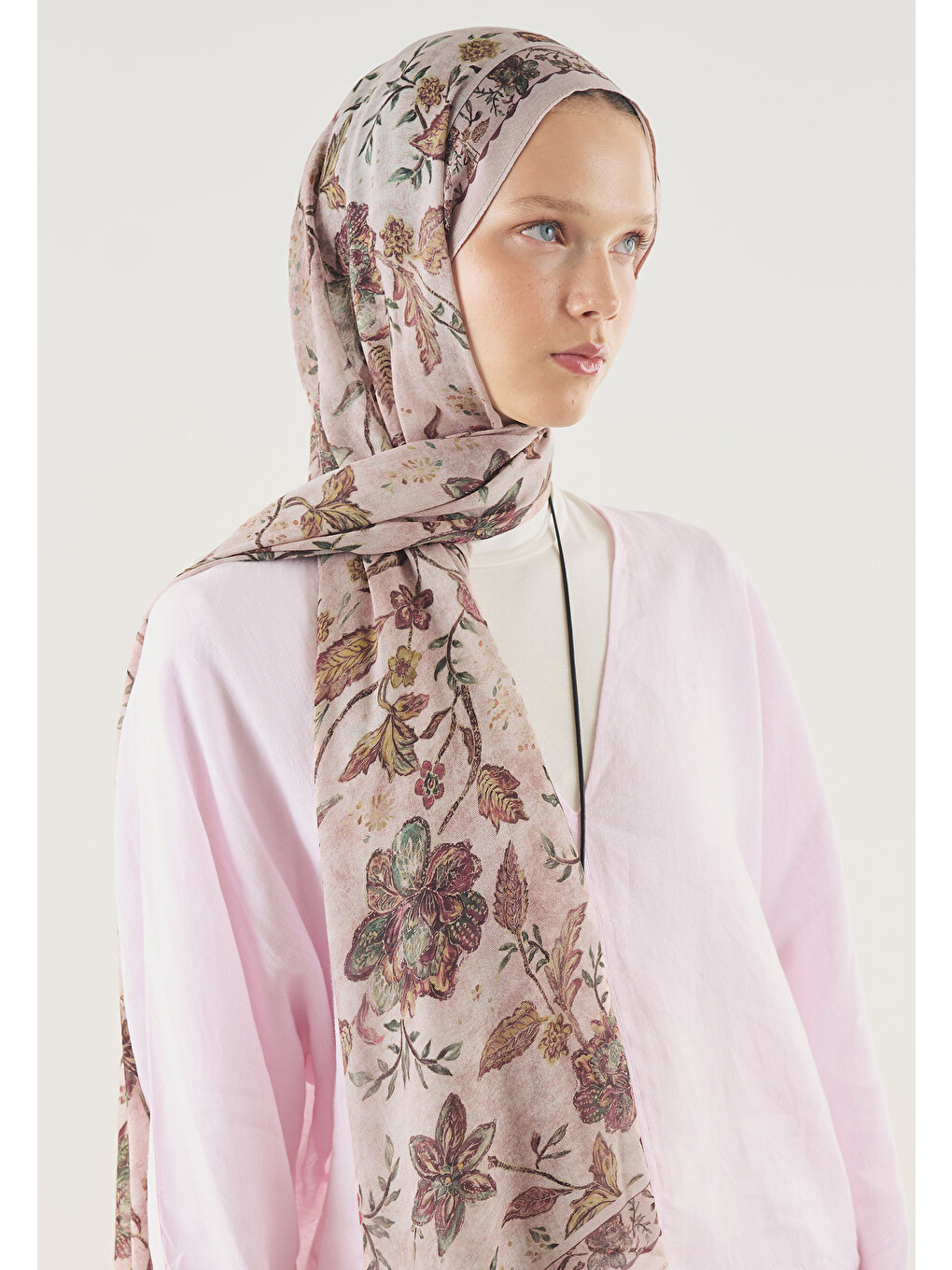 Pembe Ethnıc Blossom Desen Soft Viskon Şal Pudra