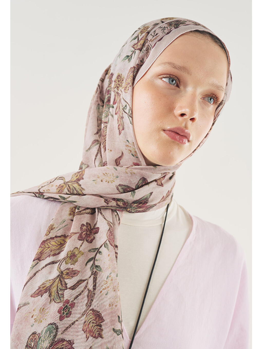 Pembe Ethnıc Blossom Desen Soft Viskon Şal Pudra-1