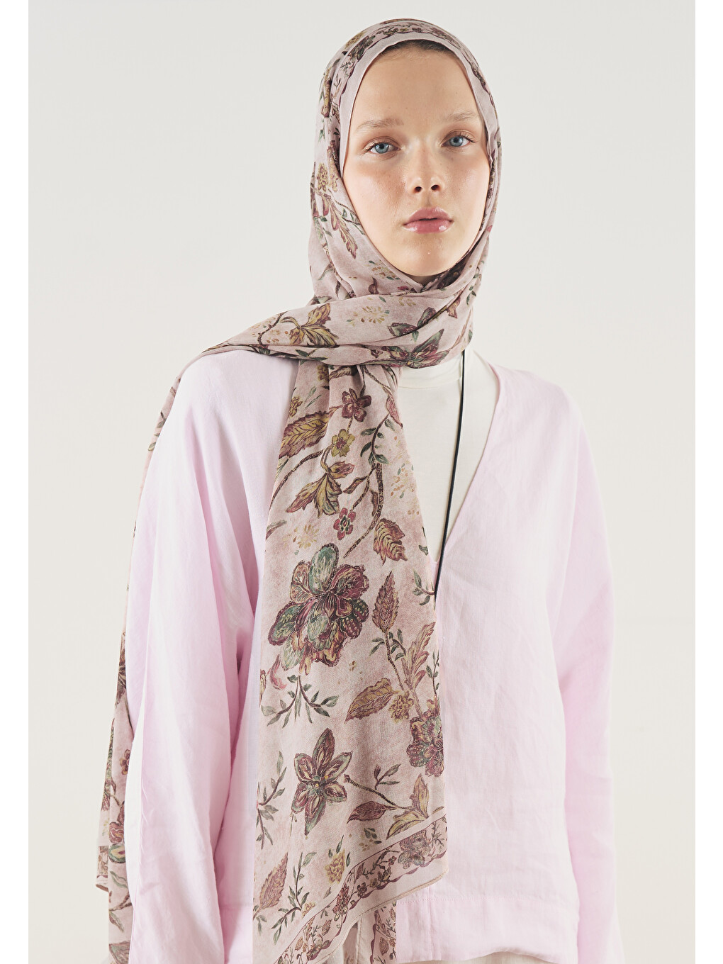 Pembe Ethnıc Blossom Desen Soft Viskon Şal Pudra-2
