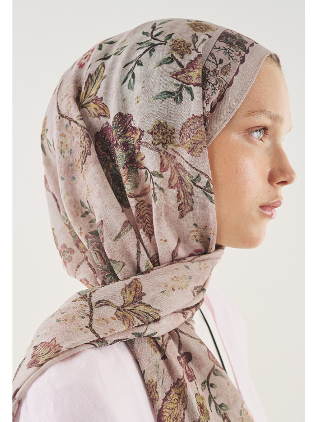 Pembe Ethnıc Blossom Desen Soft Viskon Şal Pudra-3