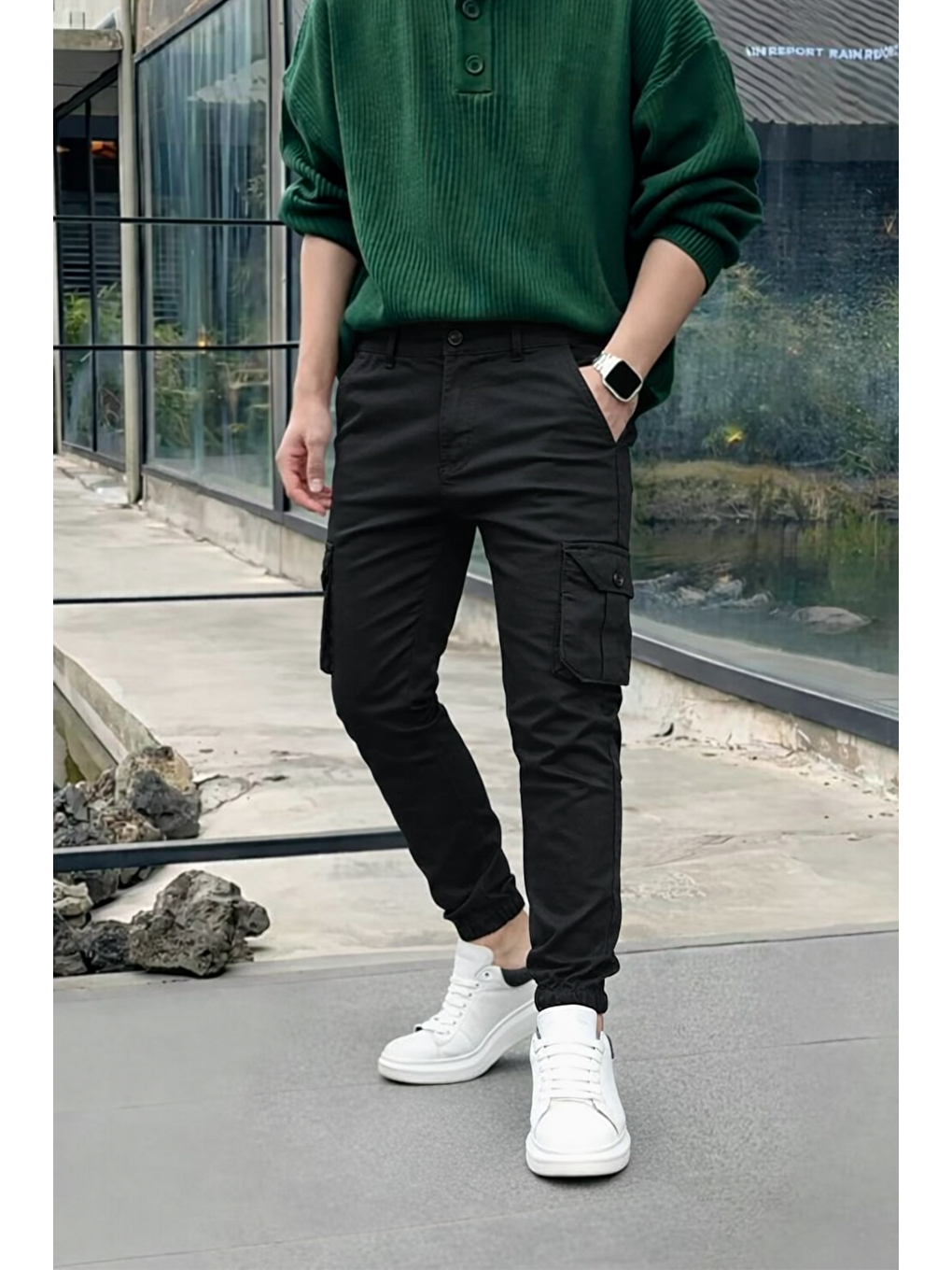 Erkek Trend Dar Kargo Cep Lastikli Paça Siyah Pantolon