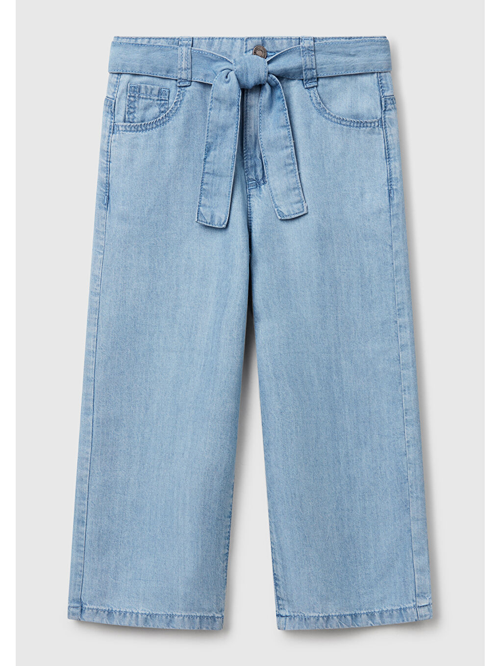 United Colors Of Benetton Mavi Kız Çocuk Açık Denim %100 Liyosel Taş Yıkama Kuşaklı Wide Leg Denim Pantolon