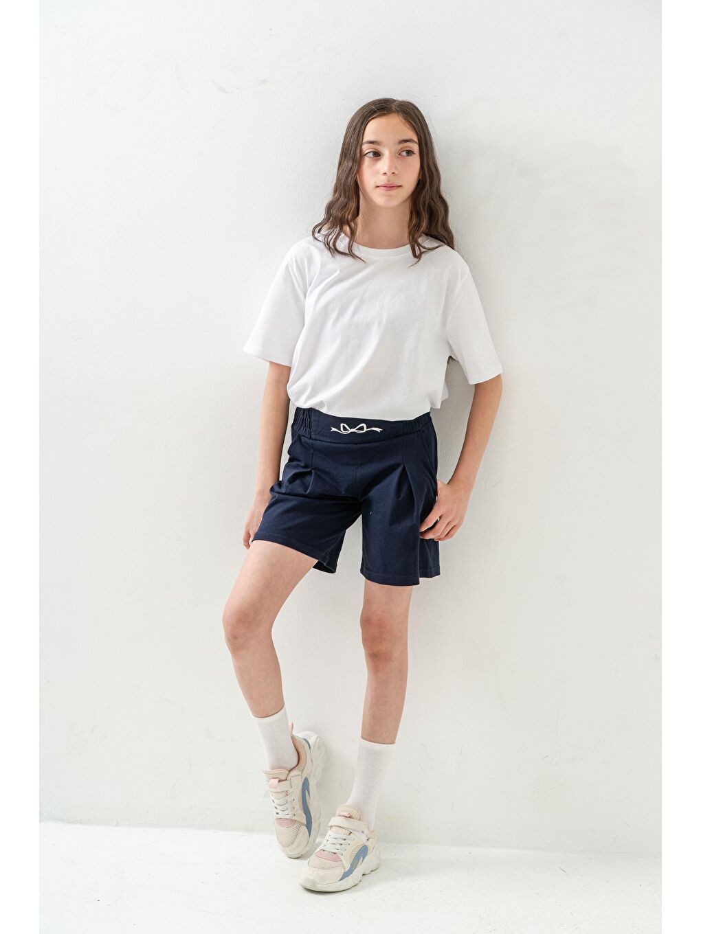 Lacivert Kemer Ortası Nakışlı Kız Çocuk Şort-2