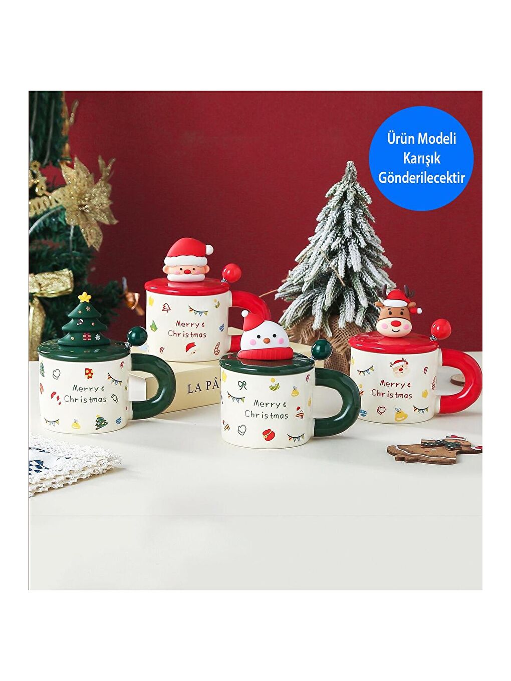 Karışık Yılbaşı Figürlü Kapaklı Seramik Kupa-5