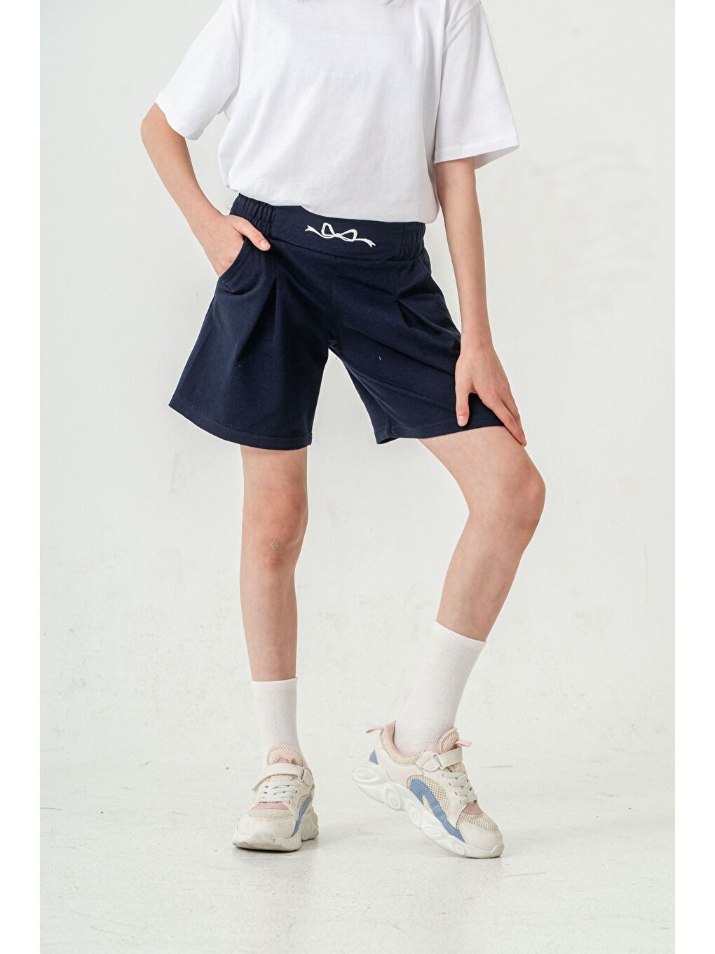 Lacivert Kemer Ortası Nakışlı Kız Çocuk Şort-7