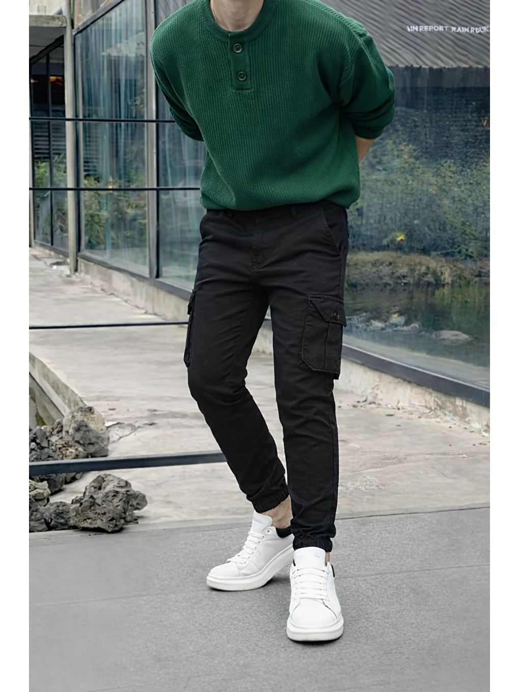 Erkek Trend Dar Kargo Cep Lastikli Paça Siyah Pantolon-1