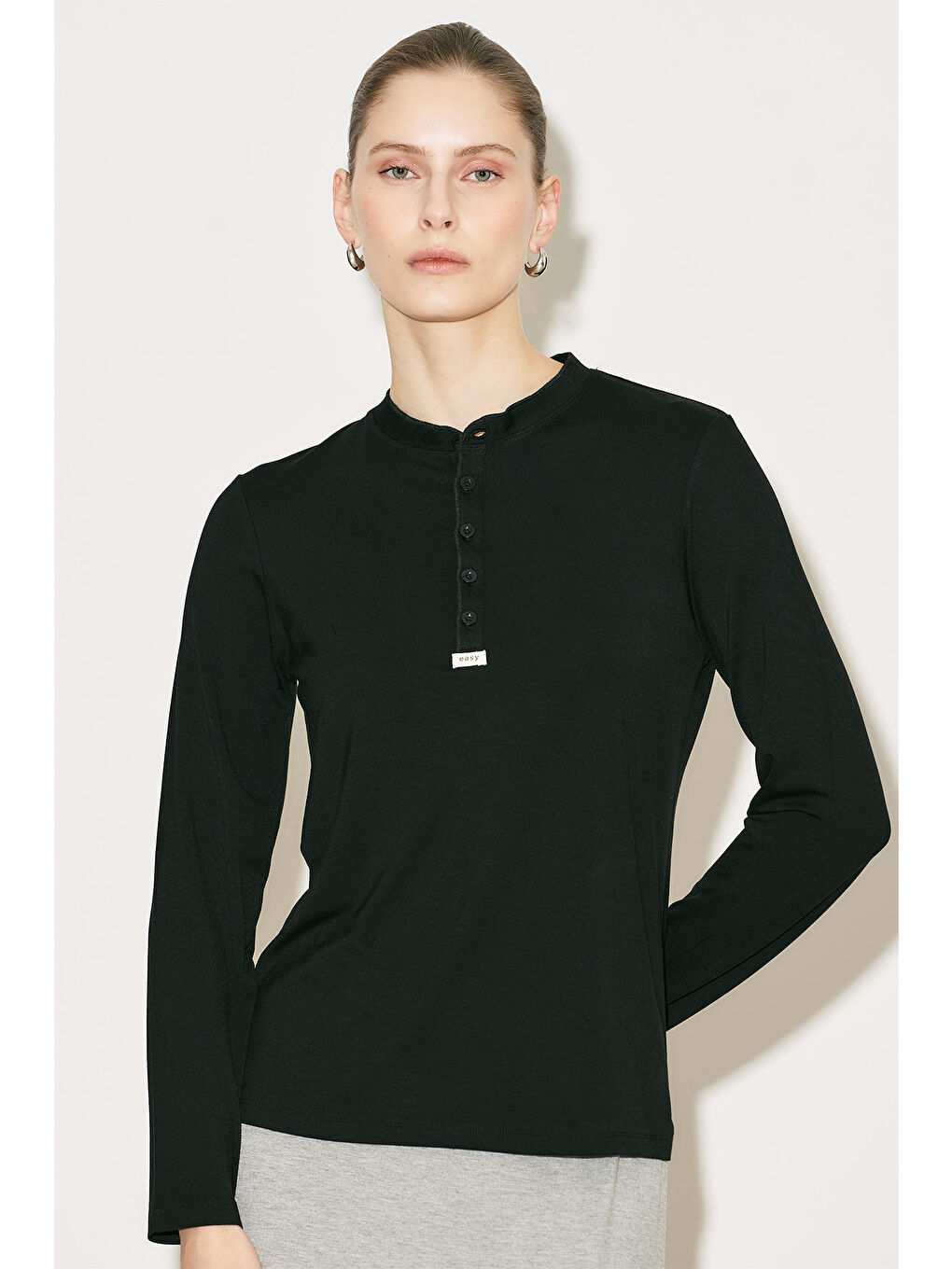 Easy Düğmeli Uzun Kol Bluz Siyah-4