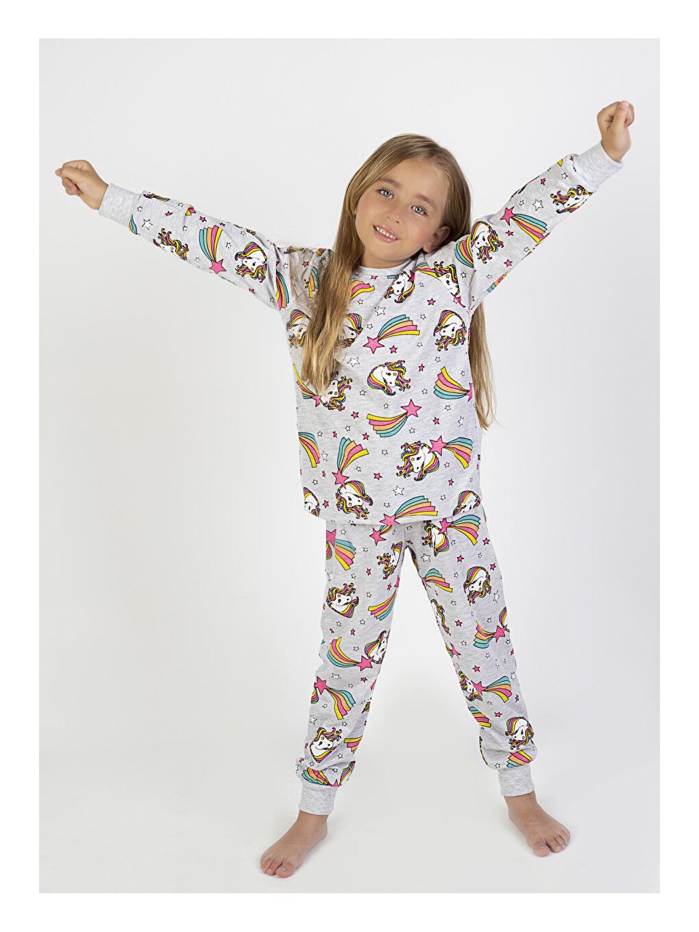 Harika KIDS Gri Kız Çocuk Baskılı İnce Basic Pijama Takımı