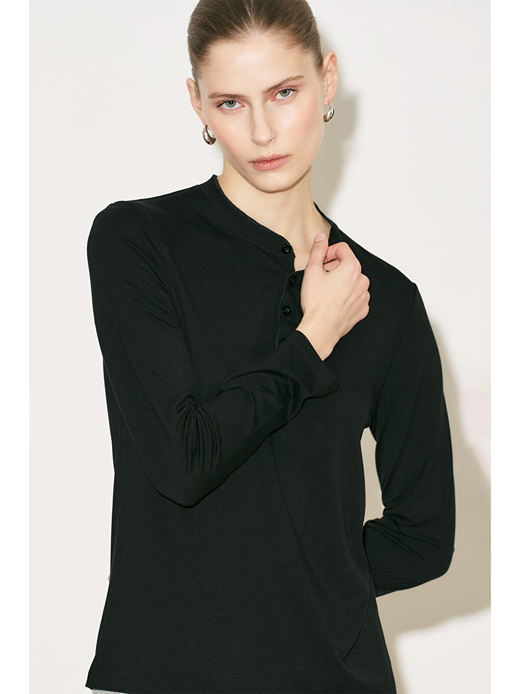 Easy Düğmeli Uzun Kol Bluz Siyah-6