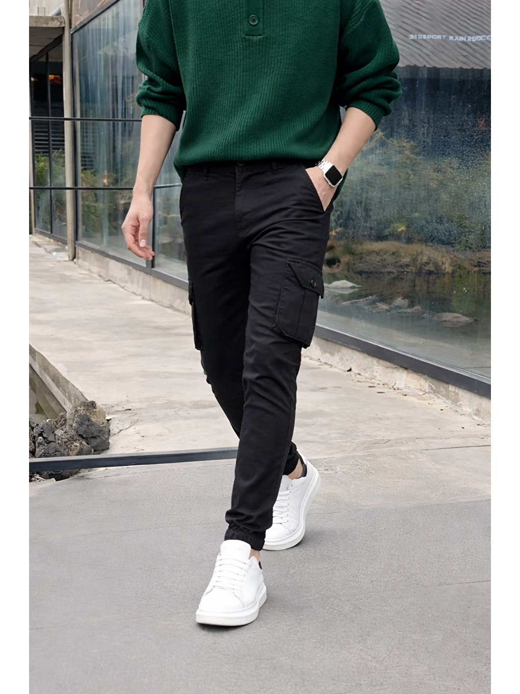 Erkek Trend Dar Kargo Cep Lastikli Paça Siyah Pantolon-2