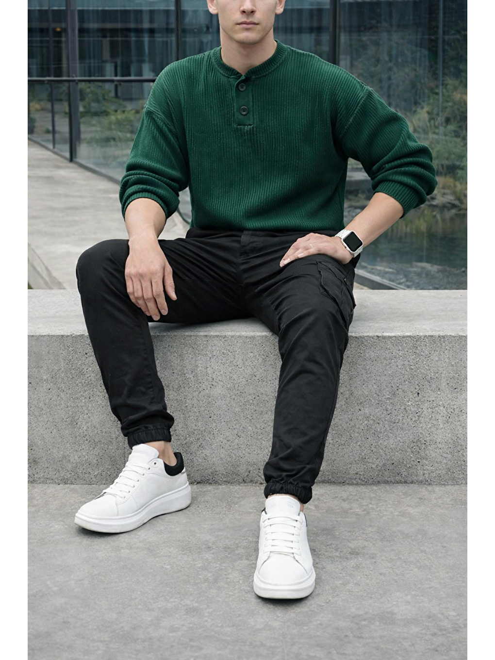 Erkek Trend Dar Kargo Cep Lastikli Paça Siyah Pantolon-3