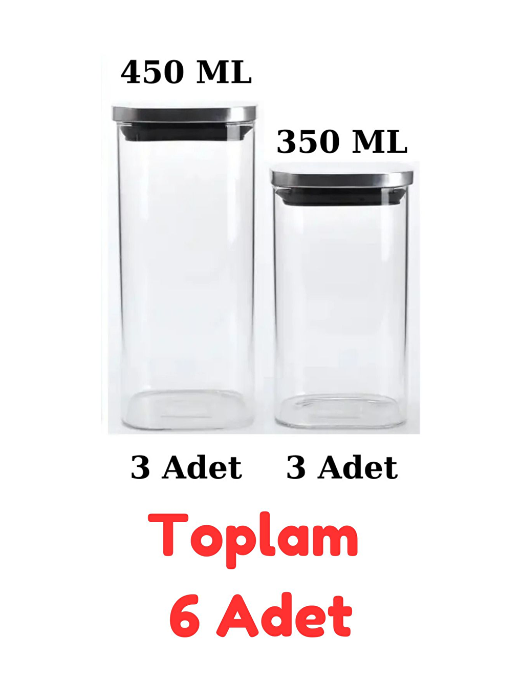 Renksiz Vakum Krom Kapaklı Kare Cam Kavanoz 450ml 350ml Saklama Kabı 6 Adet